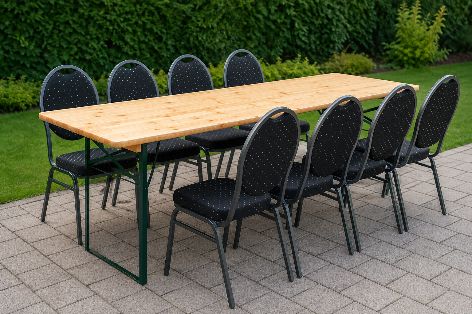 Klappbaren Holztisch 70 × 220 cm mit 8 Stühle mieten	 in Bielefeld
